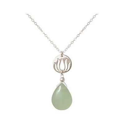 Donna - Collana - Ciondolo - Argento 925 - Fiore Di Loto - Calcedonio - Lacrima - Goccia - Verde Acqua - Yoga - 45 Cm