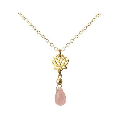Donna - Collana - Ciondolo - Argento 925 - Placcato Oro 18k - Fiore Di Loto - Quarzo Rosa - Lacrima - Goccia - Yoga - 45 Cm