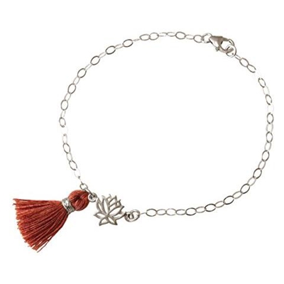 Donna - Braccialetto - Argento 925 - Fiore Di Loto - Nappa - Rosso Marrone - Yoga