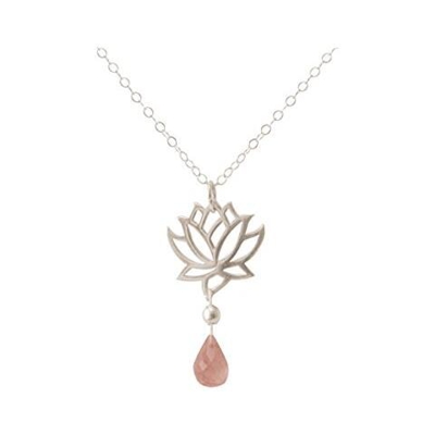 Donna - Collana - Ciondolo - Argento 925 - Fiore Di Loto - Quarzo Rosa - Lacrima - Goccia - Yoga - 45 Cm