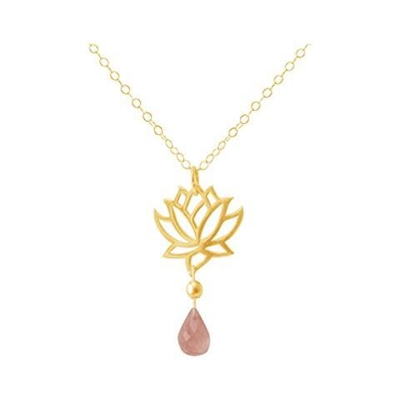 Donna - Collana - Ciondolo - Argento 925 - Placcato Oro 18k - Fiore Di Loto - Quarzo Rosa - Lacrima - Goccia - Yoga - 45 Cm