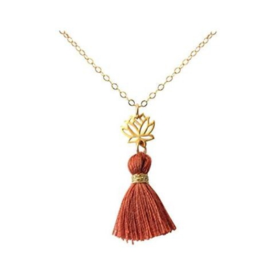 Donna - Collana - Ciondolo - Argento 925 - Placcato Oro 18k - Fiore Di Loto - Nappa - Rosso Marrone - Yoga - 45 Cm