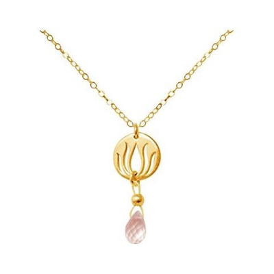 Donna - Collana - Ciondolo - Argento 925 - Placcato Oro 18k - Fiore Di Loto - Quarzo Rosa - Lacrima - Goccia - Yoga - 45 Cm
