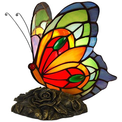 Farfalla Lampada da comodino con paralume in vetro saldato lavorazione Tiffany e base in resina bronzata AB08020