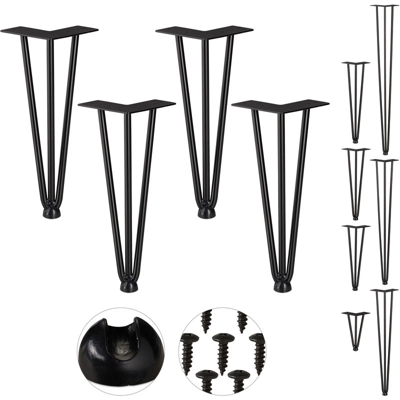 Relaxdays - Hairpin Legs, Set da 4, 3 Aste, Metallo, Gamba Tavolo a Forcella, Sgabello Tavolo e Armadio, Alte 30 cm , Nero