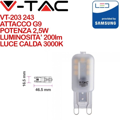 V-TAC PRO VT-203 Lampadina led chip Samsung SMD 2,5W G9 bianco caldo 3000K - SKU 243