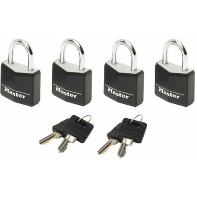 9120EURQBLKNOP Set Lucchetti, Arco Acciaio 11 mm, Apertura Chiave Unica, Alluminio, Nero, 20 mm, 4 Pezzi - Master Lock