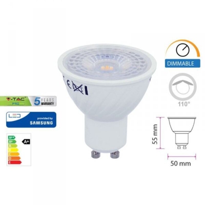 Faretto LED V-TAC Chip Samsung GU10 6,5W 110° 3000K Dimmerabile