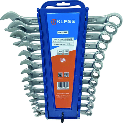 KLASS - SERIE 12 CHIAVI COMBINATE CROMATE CR-V DALLA 6 ALLA 22 MM DIN 3113 testa lucida