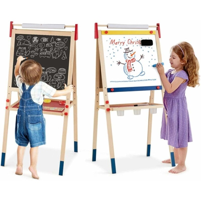 Cavalletto per Bambini 3 in 1, Lavagna Bifacciale, Cavalletto per Disegnare, con Rotolo di Carta, Magnetica, Accessori Completi, in Legno