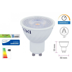 V-TAC PRO VT-227D Lampadina spot led chip samsung SMD 6,5W GU10 bianco caldo 3000K dimmable - SKU 195 características