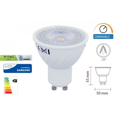 V-TAC PRO VT-227D Lampadina spot led chip samsung SMD 6,5W GU10 bianco caldo 3000K dimmable - SKU 195