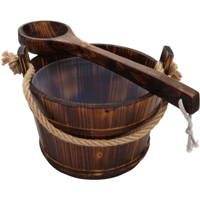 Secchio secchiello per sauna HWC-B26 inserto e mestolo legno di pino scuro - MENDLER