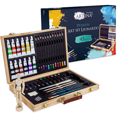 Set artistico accessoriato Leonardo, di Artina – 45 unità – con manichino in legno