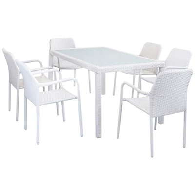 Axona - Set Tavolo Da Giardino Con Piano In Vetro 150 X 90 Compreso Di 6 Poltrone Intreccio In Rattan Sintetico