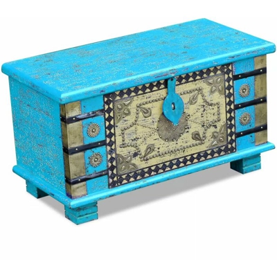 Baule Blu Legno di Mango 80x40x45 cm - ASUPERMALL