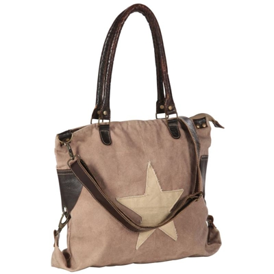 Asupermall - Borsa Shopper Marrone 41x63cm in Tela e Vera Pelle