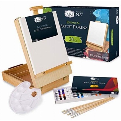Set pittorico accessoriato Florenz, di Artina - con valigetta in legno – 28 pezzi: cavalletto e tela inclusi