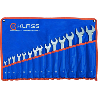 KLASS - SERIE 14 CHIAVI COMBINATE CROMATE CR-V DALLA 8 ALLA 32 MM DIN 3113 testa lucida