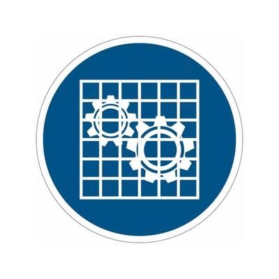 Cartelli di obbligo ISO 7010 "Verificare l'efficienza della protezione" M027 Misura - 50mm x 50mm, Quantità - 100 pezzi - STICKERSLAB