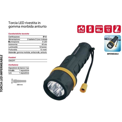Torcia a led cfg rubber el022 ip44 antiurto 12 lumens batterie d luce quadra impermeabile