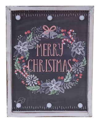 Quadretto LED Natale Merry Christmas a pile legno 40x60cm - MENDLER