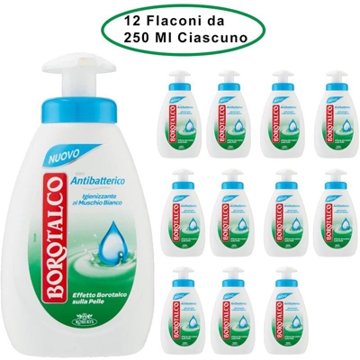 Borotalco sapone con antibatterico igienizzante al muschio bianco 12 flaconi da 250 ml ciascuno