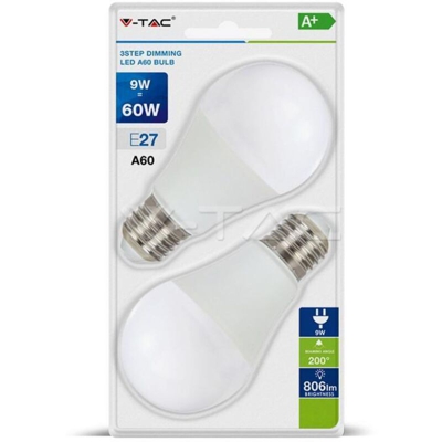 Lampadina LED V-TAC E27 9W A60 3 Step Dimmerabile 2700K (Blister 2 Pezzi)
