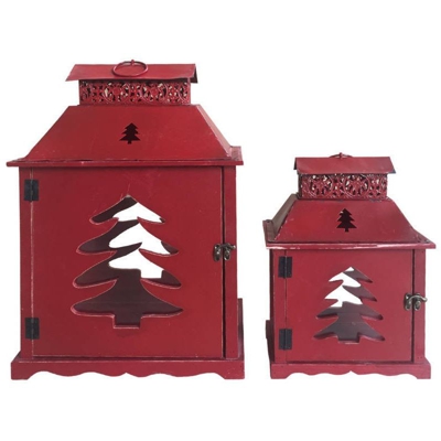 Rebecca Mobili Set 2 Lanterne Portacandela Metallo Legno Vetro Rosse 56x32x24 - MOBILI REBECCA