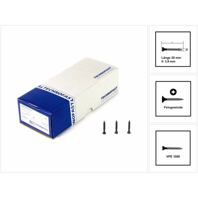 FF3930RD Viti per cartongesso 3,9 x 30 PH2 Filettatura fine - 1000 pezzi - Technofast