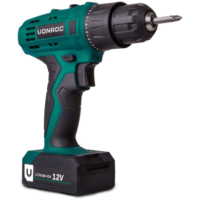 VONROC Trapano avvitatore a batteria 12V. Include 1 batteria 1.3Ah e caricabatterie rapido