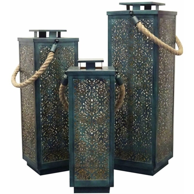 Set Di 3 Lanterne In Metallo Stile Orientale Di Design Moderno Portacandela Da Appendere , G.69 X 20 X 20/M.57 X 18 X 18/P.47 X 16 X 16 - MILANI HOME