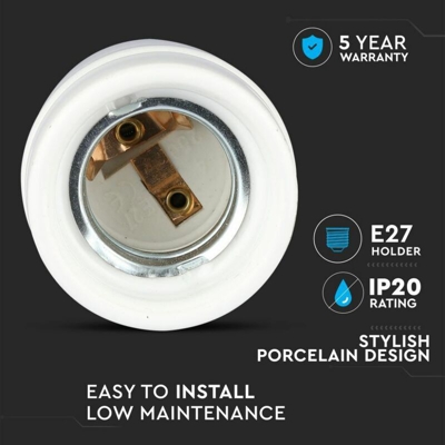 V-tac - Portalampada in Porcellana E27 (Max 60W) Colore Bianco
