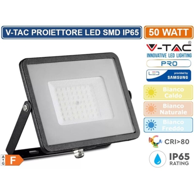 PRO VT-50 Faro led 50W slim alluminio nero chip Samsung SMD bianco freddo 6400K - SKU 408 - V-tac