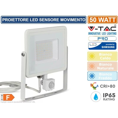 V-Tac Proiettore Led Chip Samsung 50W Luce Calda 3000K In Alluminio Colore Bianco Vt-50-S 466