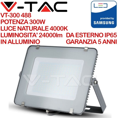 V-Tac Proiettore Led Chip Samsung 300W 24000L Luce Naturale 4000K Colore Grigio Vt-300 488