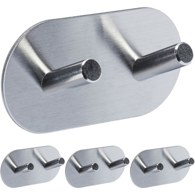 Ganci Adesivi Doppi, Set 4 Portasciugamani, Appendiabiti da Parete per Bagno & Cucina, Autoadesivi, Argento - RELAXDAYS