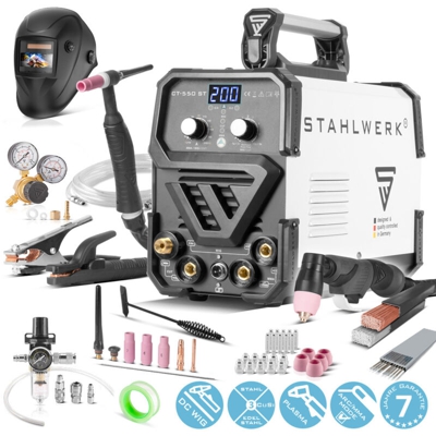 STAHLWERK CT550 ST- Set completo di attrezzature - saldatrice compatta TIG / MMA con taglierina al plasma, 200 amp TIG/MMA + 50 amp CUT, 7 anni di