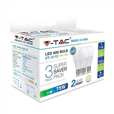 V-Tac Box 3 Lampadine Goccia Led 11W Attacco Grande E27 Luce Fredda 6400K 1055 Lumen Vt-2113 7354