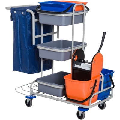 Carrello per Pulizie Professionale con 4 Secchi, Grigio - Homcom