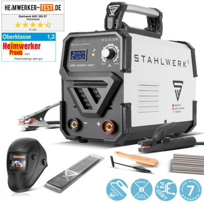 STAHLWERK ARC 200 ST IGBT completamente attrezzata - saldatrice DC MMA / saldatura ad elettrodo con 200 ampere reali, molto compatta, bianca, 7 anni
