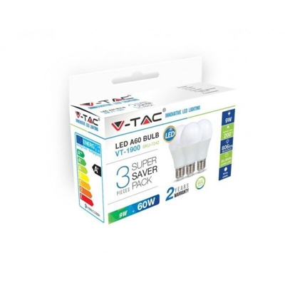 Lampadina Led E27 9W Bianco Freddo 3 Pezzi LED7242 VT-1900 - V-TAC