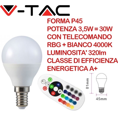 V-Tac Lampadina A Goccia Led 3.5W Attacco Piccolo E14 Dimmerabile Luce Naturale 4000K+ Rgb Con Telecomando Vt-2234 2776