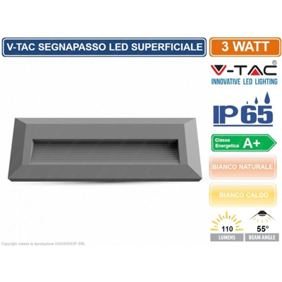 Lampada Applique LED SMD Parete Segnapasso 3W 110LM 55° Rettangolare IP65 VT-1162 G – SKU 1330 Bianco Naturale 4000K - V-tac