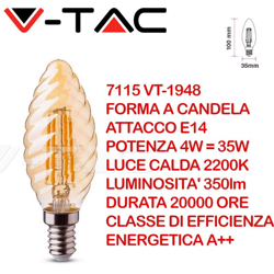 V-tac - lampadina filo led ambra torciglione 220-240 volt 300° 4 watt A++ CE E14 bianco caldo no tec 609906 características