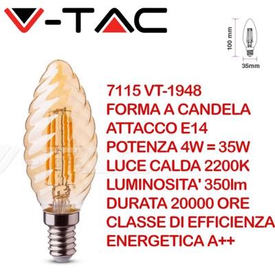 V-tac - lampadina filo led ambra torciglione 220-240 volt 300° 4 watt A++ CE E14 bianco caldo no tec 609906