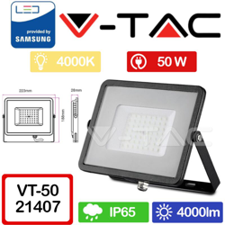 V-Tac Proiettore Slim Led 50W Chip Samsung Colore Nero Luce Naturale 4000K Vt-50-B 407 en oferta