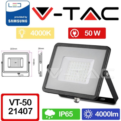 V-Tac Proiettore Slim Led 50W Chip Samsung Colore Nero Luce Naturale 4000K Vt-50-B 407