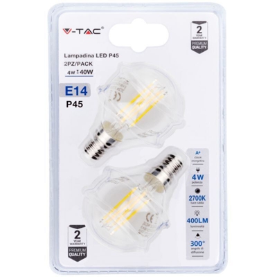 V-Tac 2 Lampadine Goccia Filamento Led 4W Attacco Piccolo E14 Luce Caldissima 2700K Vt-2184 7366