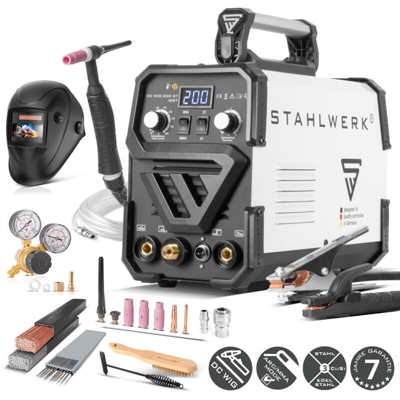 STAHLWERK DC TIG 200 ST IGBT - Set completo - Saldatrice combinata TIG con 200 A e MMA, 7 anni di garanzia*, saldatura di acciaio, acciaio